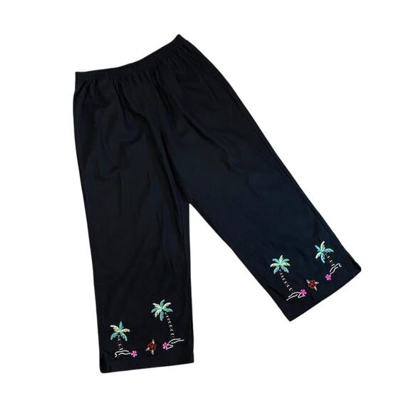 KIM ROGERS Womens M Black Linen Bld Cropped Pants Embroidered Palm Trees Pull On - Picture 1 of 5